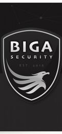 Schwarzes Wappen mit dem Text "BIGA Security Est. 2016" und einem stilisierten Adler.