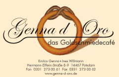 Logo von "Genna d'Oro", mit goldenen Ringen und Schriftzug "das Goldschmiedecafé".