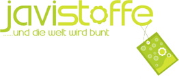 Logo von "javistoffe" mit grünem Einkaufstaschen-Motiv und Slogan „...und die Welt wird bunt“.