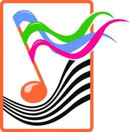 Musiknote mit bunten Wellen und orangefarbenem Rand. Schwarze Linien verlaufen diagonal.