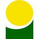 Cerchio giallo su sfondo bianco e verde, simile a un sole sopra una collina stilizzata.