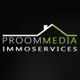 Schwarzes Logo mit weißem Text: "Proom Media Immoservices", ein grünes Dach symbolisierend.