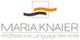Logo mit "Maria Knaier Professional Language Services", zwei wellenförmige Linien in Braun und Orange.