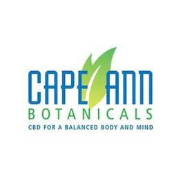 Logo of Cape Ann Botanicals with green leaves and the text "CBD for a balanced body and mind."