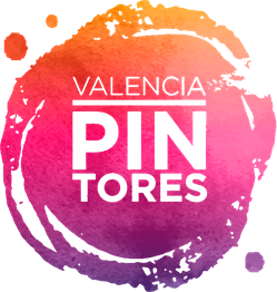 Logotipo de "Valencia Pintores" en un fondo circular de colores rosa y naranja.