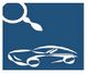 Blaues Symbol mit stilisiertem Auto und Lupe darüber, Symbol für Autosuche oder -prüfung.