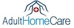 Logo of Adult Home Care with two hands forming a roof over a red cross.