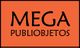 Texto negro "MEGA PUBLI OBJETOS" sobre fondo naranja.