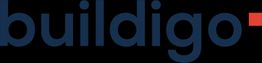 Blaues "buildigo" Logo auf schwarzem Hintergrund, rotes Quadrat neben "o".
