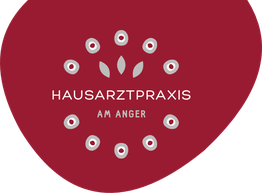 Rotes Logo mit der Aufschrift "Hausarztpraxis am Anger" und dekorativen Mustern drumherum.
