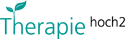 Logo mit Schriftzug „Therapie hoch2“ und zwei Blättern.