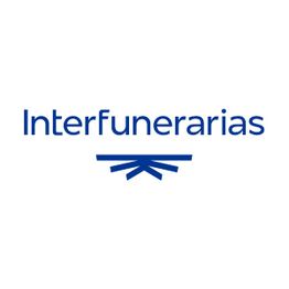 Logo de Interfunerarias en azul con un símbolo abstracto debajo del texto.