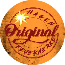 Abzeichen mit "Original Hagen Feuerwerke" in orange-brauner Vintage-Optik und Funkenmotiv.
