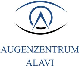 Logo mit stilisiertem Auge und Text "Augenzentrum Alavi" in blauer Schrift.
