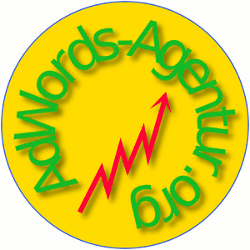 Gelber Kreis mit grünem Schriftzug "AdWords-Agentur.org" und einem roten, aufsteigenden Pfeil.