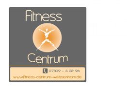 Logo des Fitness Centrums mit Silhouette, Telefonnummer und Website auf grauem Hintergrund.