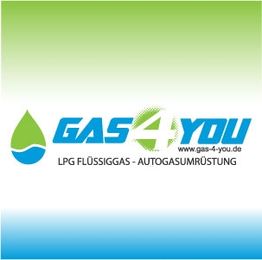 Logo "Gas4You" mit Tropfen-Symbol, Text: "LPG Flüssiggas - Autogasumrüstung", grün-blau Verlauf.