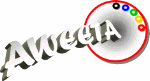 Das Bild zeigt das Wort "Awecia" mit einem Kreis, umgeben von bunten Punkten.