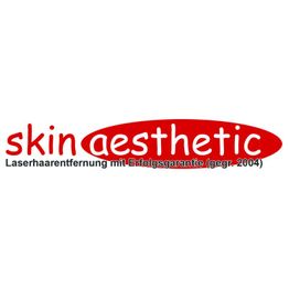 Logo von "skin aesthetic", rot-weiß, mit Text: Laserhaarentfernung mit Erfolgsgarantie.