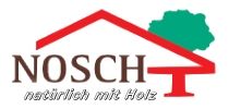 Logo mit rotem Dach, grünem Baum, Text "NOSCH, natürlich mit Holz".