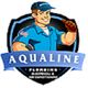 Cartoon handyman in blue with cap and thumbs up, above "Aqualine: Plumbing, Electrical & AC".