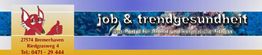 Banner mit Logo eines roten Fuchses, "job & trendgesundheit", Adresse, Telefonnummer in Bremerhaven.
