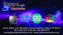 Logos de Apple, Windows, Arduino y 3D sobre un fondo estrellado. Info de contacto: Compu Electrónica.