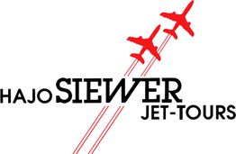 Zwei rote Jets fliegen über den Text "HAJO SIEWER JET-TOURS" mit roten Linien im Logo.