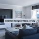 Modern living room with a gray sofa, TV, and artwork, text overlay: "Interior Designer New Jersey".