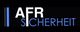 Schwarzes Logo mit der Aufschrift "AFR Sicherheit" in weiß und blau.