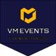 Logo met gele 'M', tekst: "VM EVENTS EVENTBUILDERS", donkerblauwe achtergrond.
