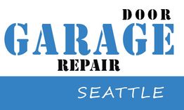 Text: Door Garage Repair Seattle, blue and white design.