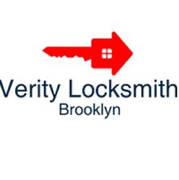 Red key with house shape and text "Verity Locksmith Brooklyn" on a white background.