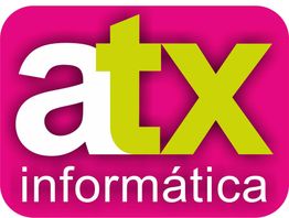 Logo con texto "atx informática" en fondo fucsia.