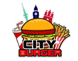 Burger-Logo mit Getränk, Pommes, Stadt-Silhouetten und Text "City Burger" in fetter Schrift.