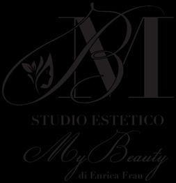 Logo "Studio Estetico My Beauty di Enrica Frau" con iniziali decorative e sagome di foglia e volto.