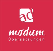Rotes Logo mit weißem Quadrat und Schrift: "modum Übersetzungen".