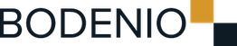 Logo mit Schriftzug "BODENIO" in Schwarz, daneben zwei quadratische Blöcke, orange und grau.