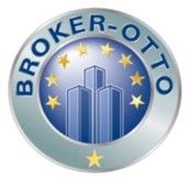 Rundes Logo "BROKER-OTTO" mit Hochhäusern und Sternen auf blauem Hintergrund.