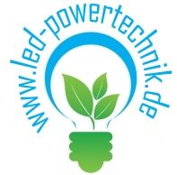 Logo mit Glühbirne und Blättern, Text: www.led-powertechnik.de.