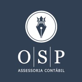 Logotipo em azul com texto "OSP Assessoria Contábil" e símbolo de coroa e pena em círculo.