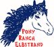 Blaues Pony mit Schriftzug "Pony Ranch Elbstrand" in roter Farbe, skizzenhaft gezeichnet.