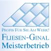 Logo von Fliesen-Ginal Meisterbetrieb mit Slogan "Profis für Sie am Werk!" und Fliesenmotiv.