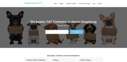 Sechs Hunde mit Schildern, Suchfeld für Tierheime in der Nähe.