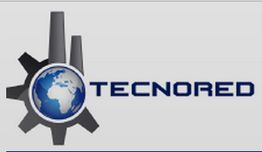 Logo da Tecnored com engrenagem, globo e torres cinzas.