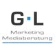 Grau-blaues Logo mit den Buchstaben G und L. Text: Marketing, Mediaberatung.