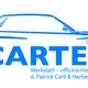 Sagoma blu di un'auto, testo "CARTEC" e dettagli sull'officina di Carli e Hofer.
