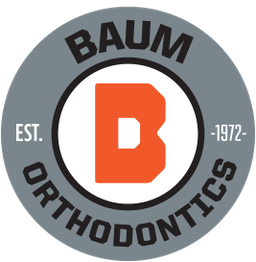 Baum Orthodontics logo: orange "B" in center, gray circle, "Est. 1972" text.