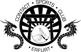 Emblem des Contact Sports Club Erfurt mit Torii, zwei Drachen und Kampfhandlung in Schwarz-Weiß.