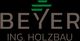 Logo mit Text "BEYER ING. HOLZBAU" und einem grünen Dreieck über dem Buchstaben Y.